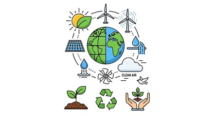Obraz premium Ecology concept with planet Earth wind turbines and solar panels.