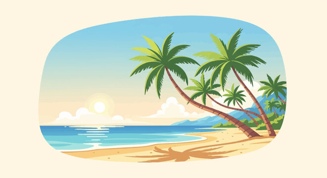 Vibrant cartoon beach scene with palm trees, calm ocean, and sunset glow