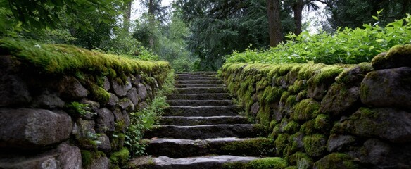 Fototapeta premium weathered stone steps cloaked in lush moss embraced by the outdoors