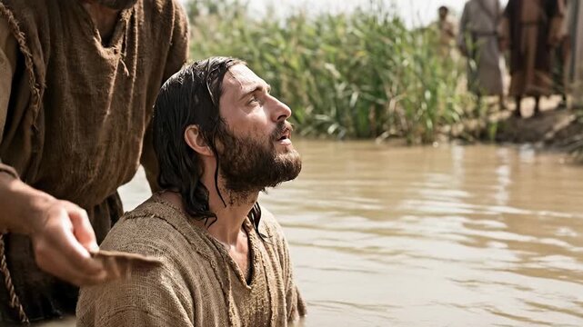 Biblical Scene of Jesus Christ Being Baptized by John the Baptist in River Jordan Water with Spiritual Expression Looking up to Heaven Depicting Christian Faith and Gospel Story Concept
