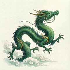 Obraz premium 大空を上昇する緑龍を描いたイラスト