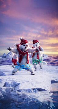 Funny polar bears dance on an ice floe among icebergs at the North Pole. Animated 3D video for holiday events, greeting cards, and winter-themed content.