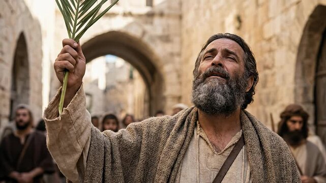 Cinematic biblical scene of bearded man holding green palm branch looking up to sky celebrating Jesus Christ triumphal entry into Jerusalem during Holy Week Easter religious festival concept