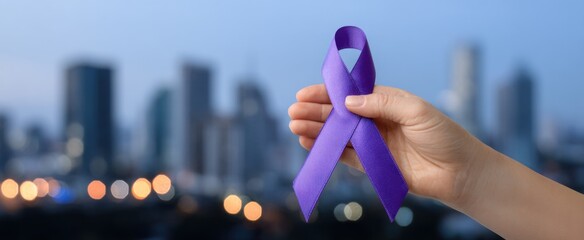 Hand grasping a lavender ribbon representing pancreatic cancer awareness with a blurred city skyline backdrop