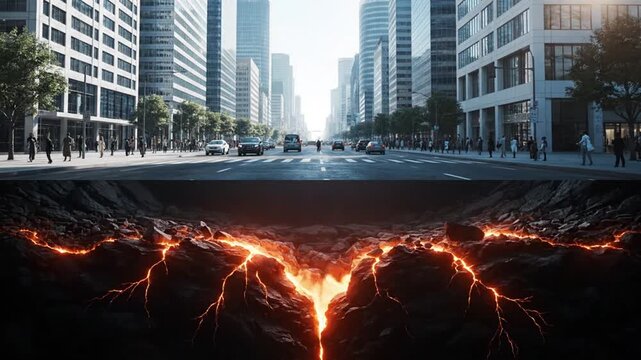 City street with large fiery crack.