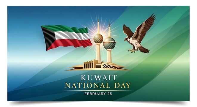 Celebrating kuwait national day with flags and an eagle in a vibrant background