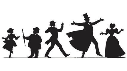 A group of people in vintage clothing silhouettes dancing together