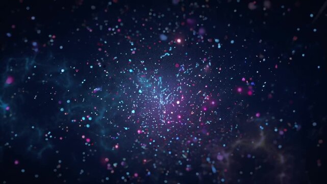 4K cinematic video, tiny colored particles falling cosmic rain, colliding glowing splashes fractal patterns, some particles emitting starlight, dark space background, dynamic volumetric lighting, orb