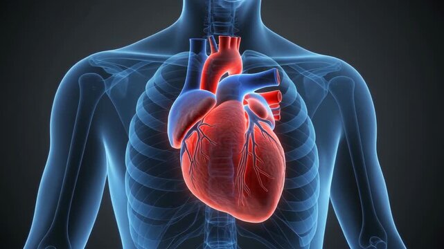 3D medical illustration of human heart anatomy within translucent blue chest cavity showing cardiovascular system.
