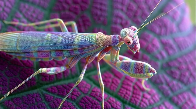 A close-up shot of a colorful praying mantis on a purple leaf