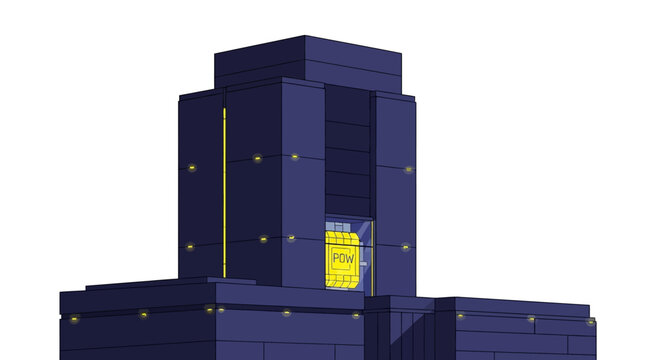 Abstract High-Rise Building with Glowing POW Core, Conceptual Illustration for Blockchain, Cryptocurrency, or Secure Finance Technology