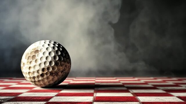 Dusty golf ball on checkered floor