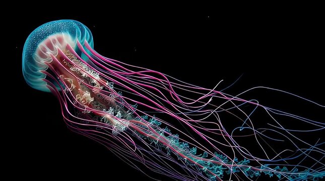A jellyfish swims through dark water with tentacles flowing