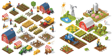 Isometric vector illustration of farming and agriculture activities with farmers, crops, fields, barns, animals, tractors, and farm equipment. Bright colors, clean shapes, soft shadows, flat isometric © Haris Lost