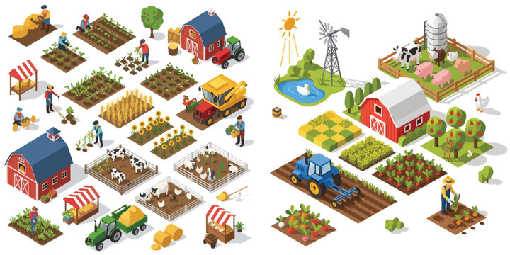 Isometric vector illustration of farming and agriculture activities with farmers, crops, fields, barns, animals, tractors, and farm equipment. Bright colors, clean shapes, soft shadows, flat isometric