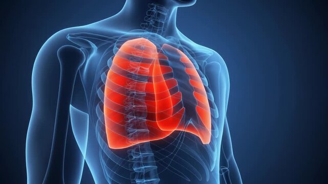 Medical 3D illustration visualizing glowing red human lungs inside transparent blue torso with skeletal ribcage and spine structure.