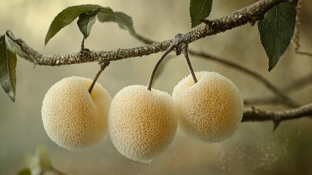 Three pale yellow fruits on a branch, covered in a delicate, textured skin