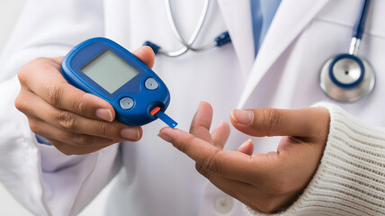 A doctor using a glucometer to check a patient's blood sugar level