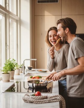 Ein fr&ouml;hliches Paar kocht gemeinsam in heller K&uuml;che und lacht am Fenster