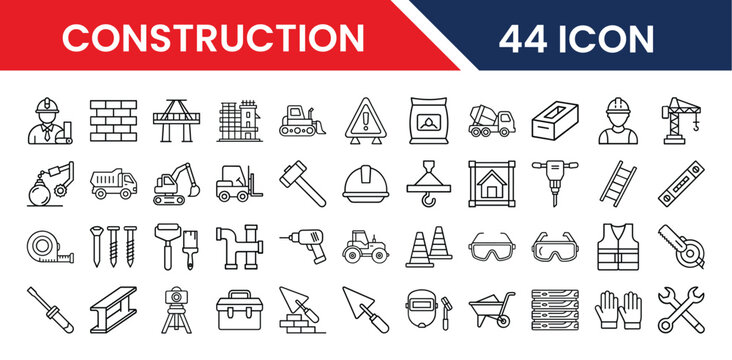 Construction icons collection featuring various tools machinery and materials