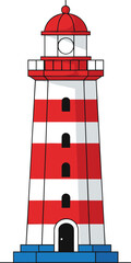 Red and White Striped Lighthouse Vector Illustration for Maritime Safety, Coastal Navigation, Nautical Travel Branding, Marine Landmark Symbols, and Ocean Guard Security Designs