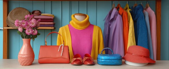 vibrant outfits and gear showcased for thrift shopping in a retro shop atmosphere