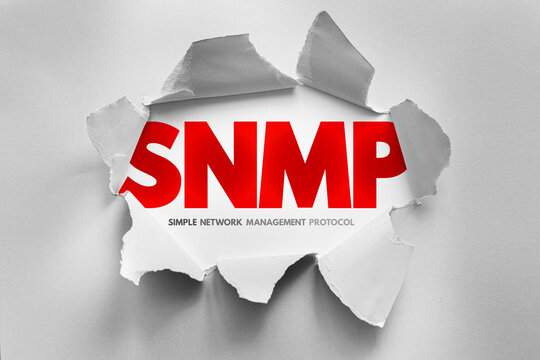 SNMP acronym revealed through torn paper background with bold typography, symbolizing Simple Network Management Protocol used for monitoring and managing devices in IP-based networks