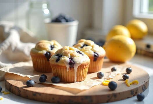 A hand places a tray of vegan blueberry muffins on a wooden board, surrounded by lemons and a bowl of blueberries.