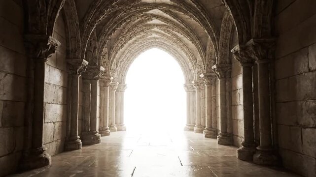 Stone arched corridor with light at the end, viewed from a low vantage point, interior scene, architectural feature, bright illumination
