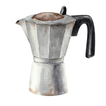 Hand drawn watercolor moka pot isolated on white background for menu design, cafe and restaurant decoration