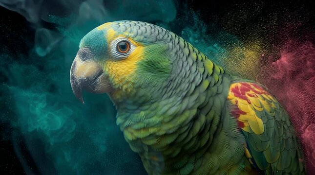 Colorful Parrot Portrait with Vibrant Feathers and Smoke Background