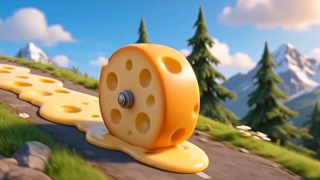Surreal Animation of a Cheese Wheel Rolling and Melting on Road