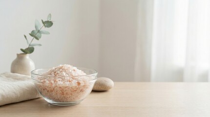 Glass bowl filled with pink mineral salts on wooden table  