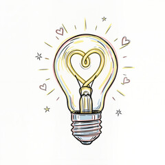 Heart-shaped light bulb with golden filament and glowing stars  