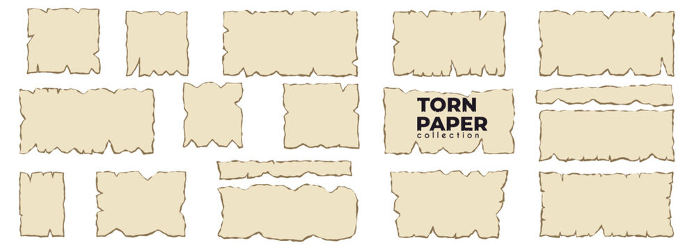 Torn parchment set. Old beige sheets with ragged edges. Vintage textured fragments for scrapbook, frame, letter, card, album, craft. Vector antique elements collection.