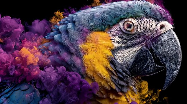 Vibrant colorful macaw parrot head surrounded by smoke on black background