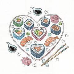 Heart-shaped sushi platter with assorted rolls and sauces  