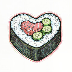 Heart-shaped sushi roll with salmon and cucumber slices  
