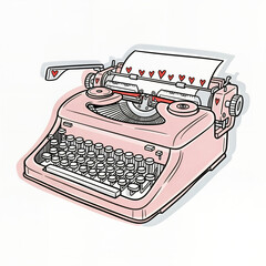 Pink typewriter with red hearts printed on paper in retro style  