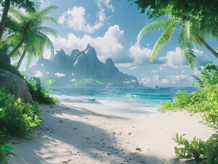 Serene Tropical Beach with Lush Palm Trees and Majestic Mountains