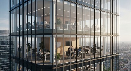 Modern glass office building in cityscape, highlighting dynamic work environment and natural light
