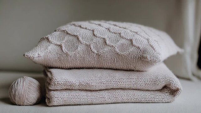 Cozy knit textures: unfolding elegant sweater and blanket stack in soft light