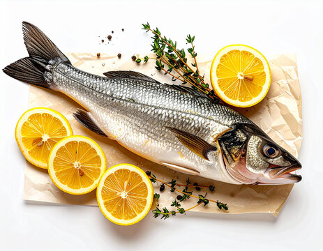 Dorada o lubina fresca sobre un plato blanco con tomillo y rodajas de lim&oacute;n para recetas de pescado y cocina saludable gourmet