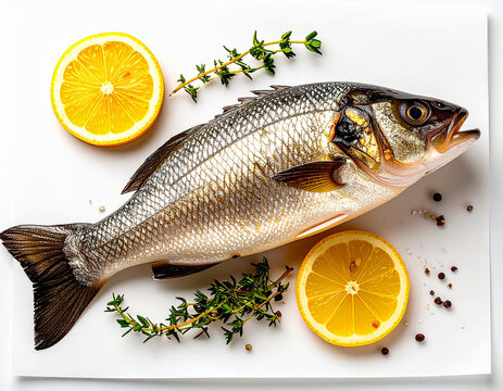 Dorada o lubina fresca sobre un plato blanco con tomillo y rodajas de lim&oacute;n para recetas de pescado y cocina saludable gourmet