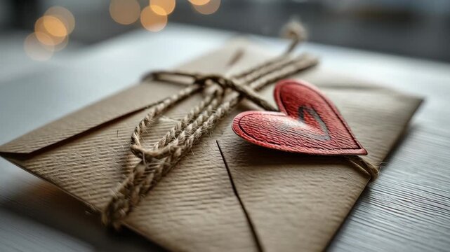 Valentine's day in eco friendly concept.eco valentine love envelope letter heart gift rustic romantic recycled scene wooden table with twine, soft warm light, quiet affection and intimate celebration