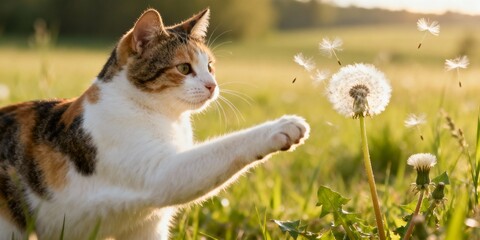 Calico cat reaching for dandelion fluff