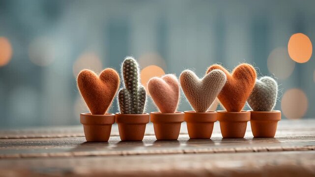 Valentine's day in eco friendly concept.Heart cactus plant pot with wool knit soft eco valentine decoration gift terracotta succulent accent cozy handmade plant heart arrangement romantic holiday