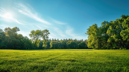 Obraz premium green manicured lawn, green grass field of golf course landscape in the morning sunrise.