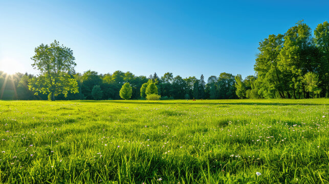 Idyllic landscape of countryside green spring natue field with blue sky.	