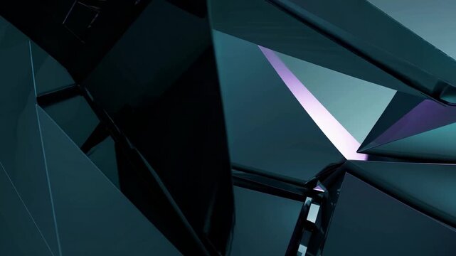 Abstract glass and metal ceiling panels with sharp triangular reflections in teal light showing modern architecture shadows and futuristic geometric design inside a contemporary space